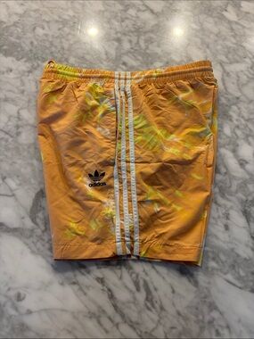 adidas Men's Orange Tie-Dye Swim Trunks with White 3-Stripes
